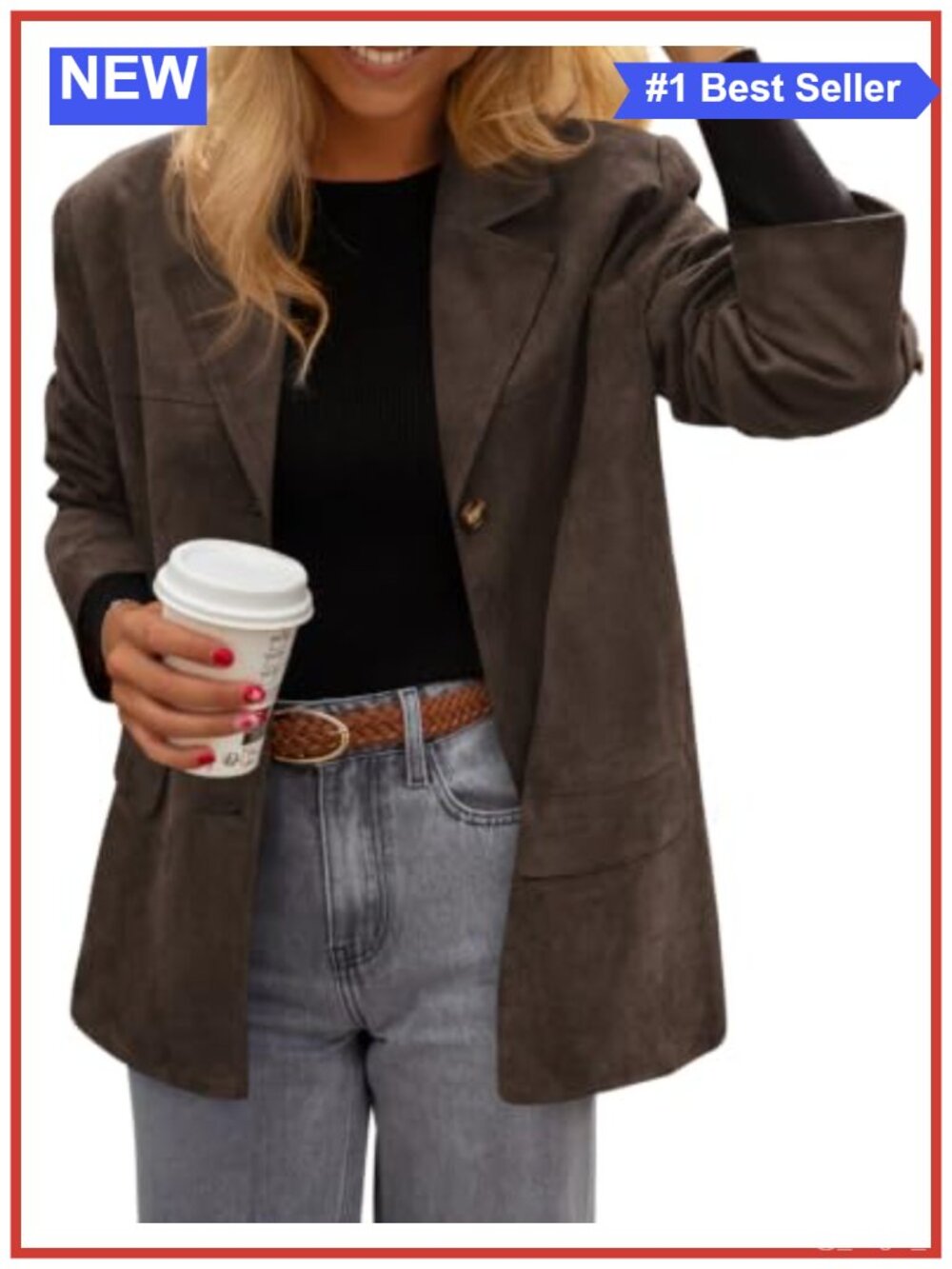 Faux Suede Blazer Button Down Lapel Collar Long Sleeve Business Casual